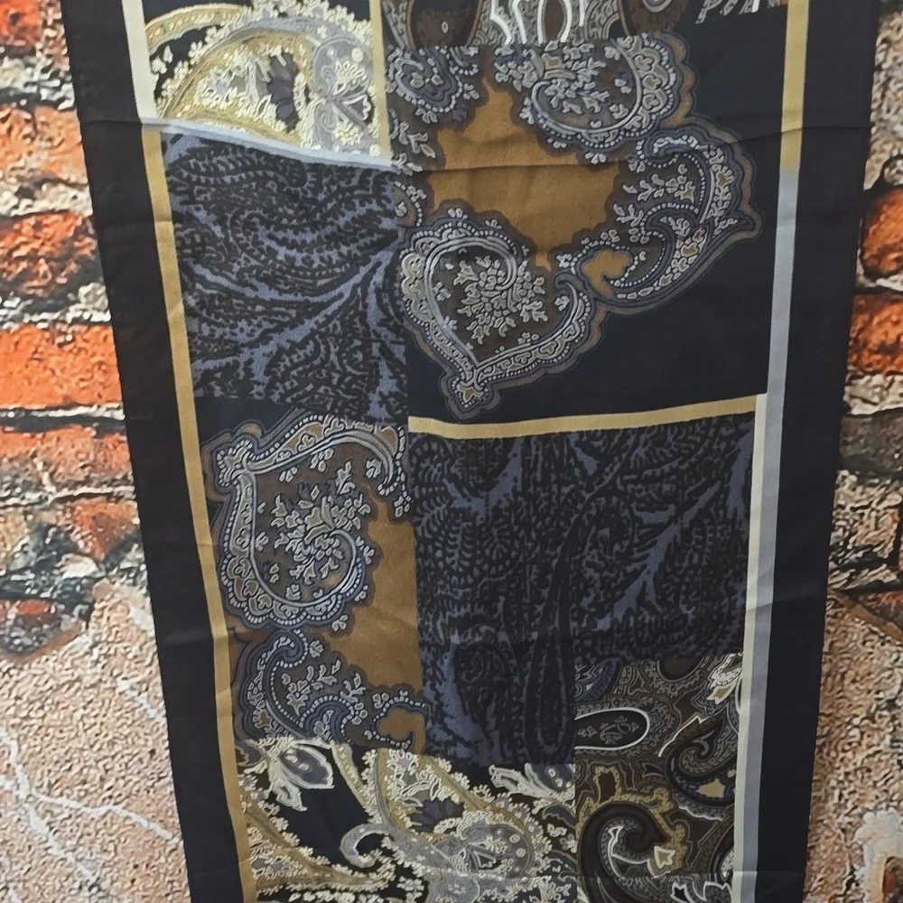 Adrienne Vittadini Gold and Black Paisley Silk Scarf - Picture 7 of 9